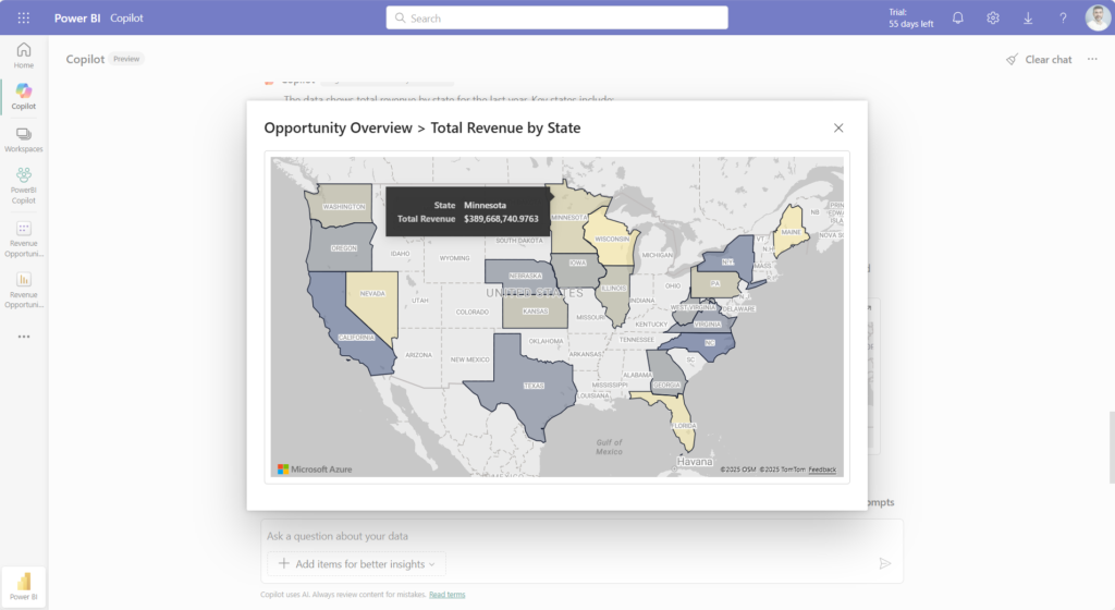 Databots can instantly visualize complex datasets, such as revenue distribution across U.S. states, in response to user queries.