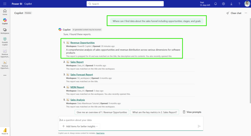 Copilot helping users locate the right BI reports and datasets by interpreting natural-language questions.