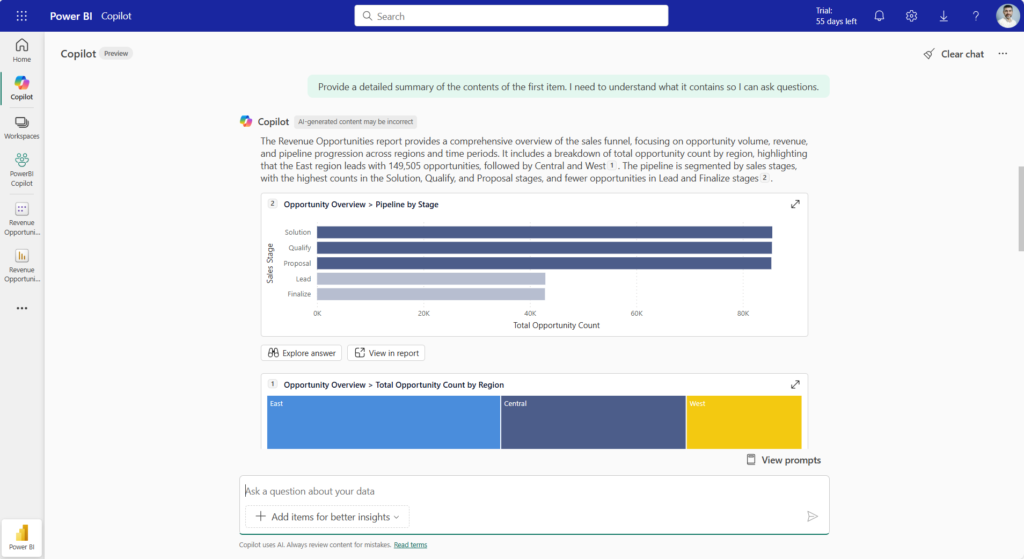 Example of a Databot in action: Copilot generates a sales pipeline visualization and regional opportunity breakdown from a plain-language question.